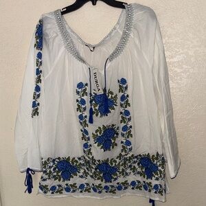 White and Blue Embroidered Women's Top